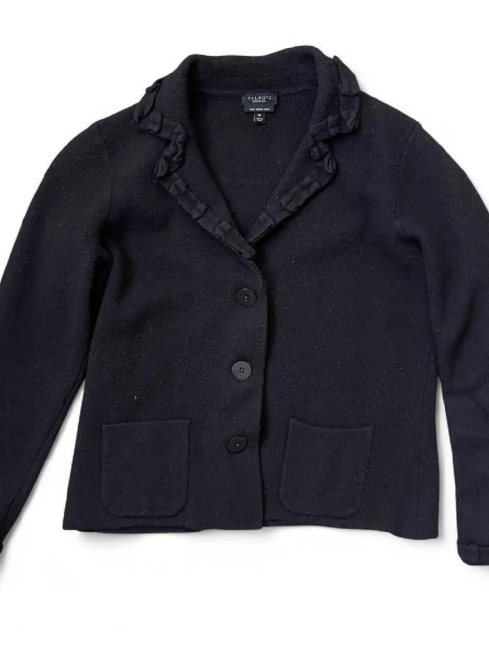 Talbots black pure merino wool cardigan with ruffle details Size M